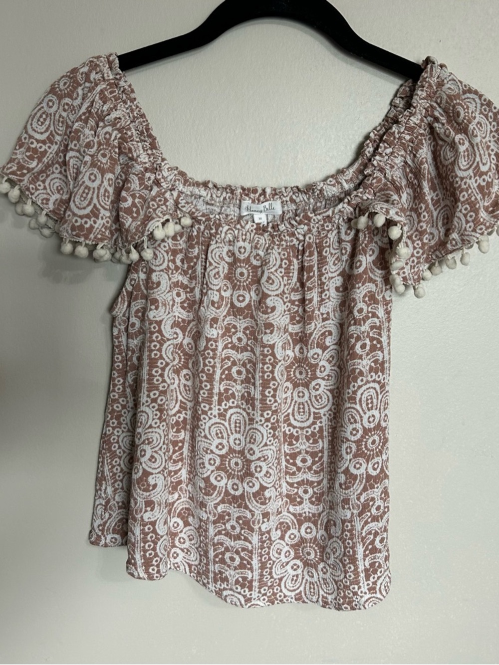 Honey Belle Floral Off-Shoulder Pom Pom Blouse in Dusty Rose and White